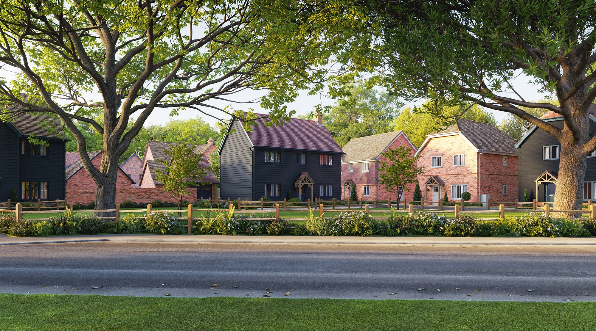 Poppy Fields street view CGI image showing a row of homes facing towards the road.